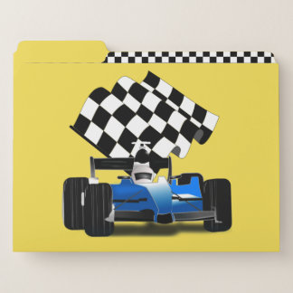 Blue Race Car With Checkered Flag File Folder