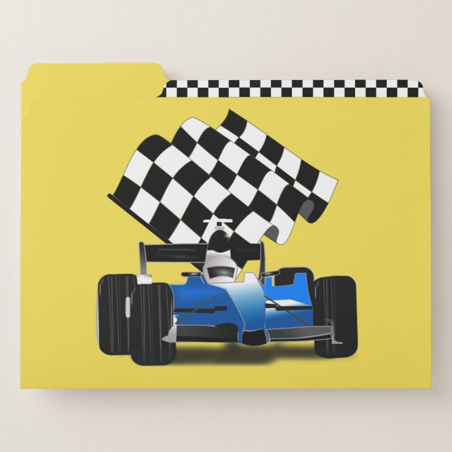 Blue Race Car With Checkered Flag File Folder (Front Left)