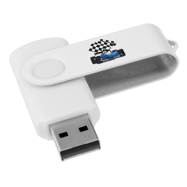 Blue Race Car with Checkered Flag Flash Drive (Angled)