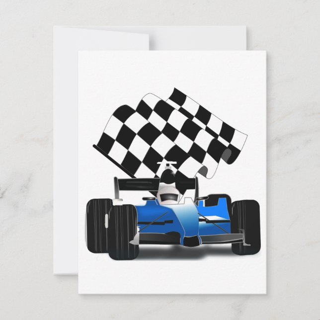 Blue Race Car with Checkered Flag Invitation (Front)