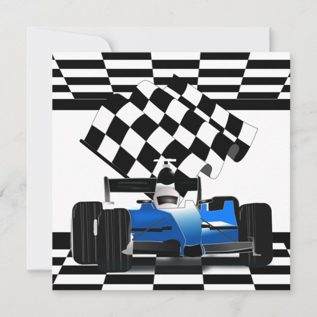 Blue Race Car with Checkered Flag Invitation (Front)