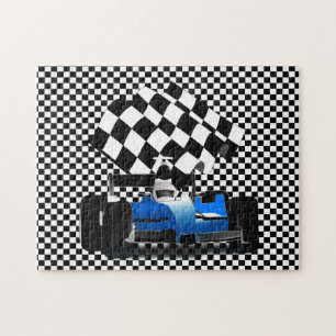 Blue Race Car with Checkered Flag Jigsaw Puzzle