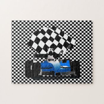 Blue Race Car With Checkered Flag Jigsaw Puzzle by gravityx9 at Zazzle