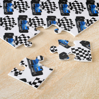 Blue Race Car with Checkered Flag Jigsaw Puzzle