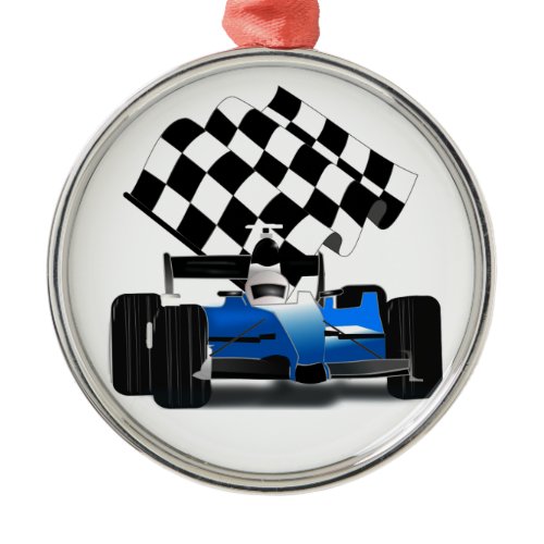 Blue Race Car with Checkered Flag Metal Ornament