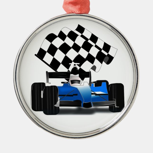 Blue Race Car with Checkered Flag Metal Ornament (Front)