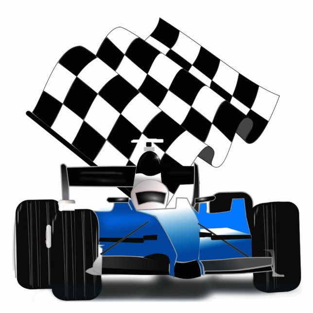 Blue Race Car with Checkered Flag Ornament (Front)