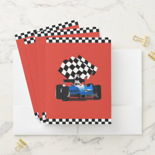 Blue Race Car With Checkered Flag Pocket Folder