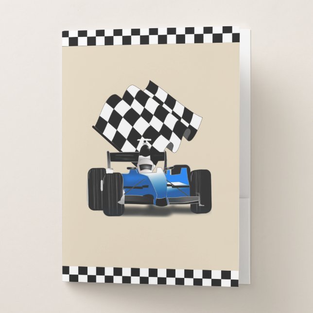 Blue Race Car With Checkered Flag Pocket Folder (Front)