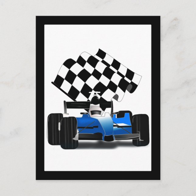 Blue Race Car with Checkered Flag Postcard (Front)