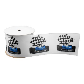 Blue Race Car With Checkered Flag Satin Ribbon by gravityx9 at Zazzle