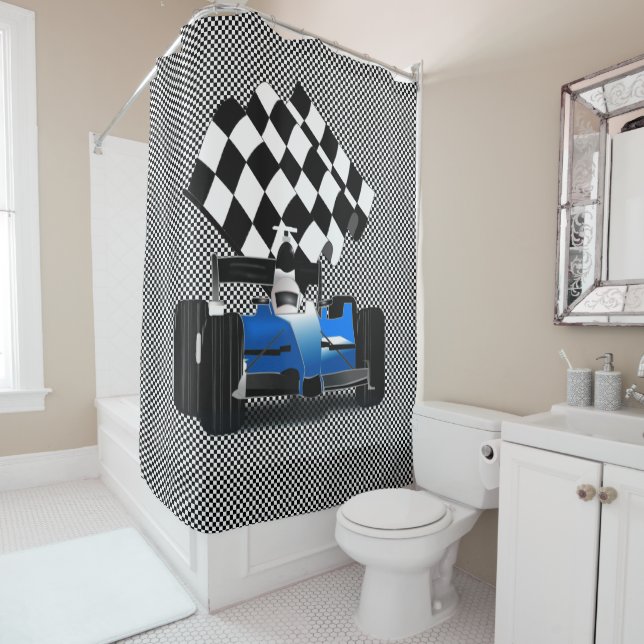 Blue Race Car with Checkered Flag Shower Curtain (In Situ)