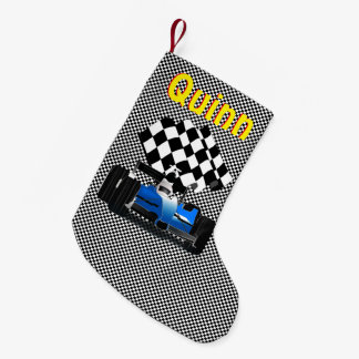 Blue Race Car with Checkered Flag  Small Christmas Stocking