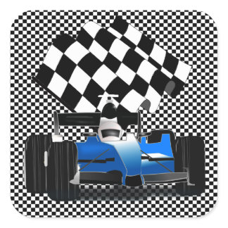 Blue Race Car with Checkered Flag Square Sticker