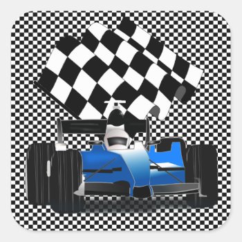 Blue Race Car With Checkered Flag Square Sticker by gravityx9 at Zazzle