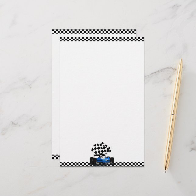 Blue Race Car with Checkered Flag Stationery (Front/Back In Situ)