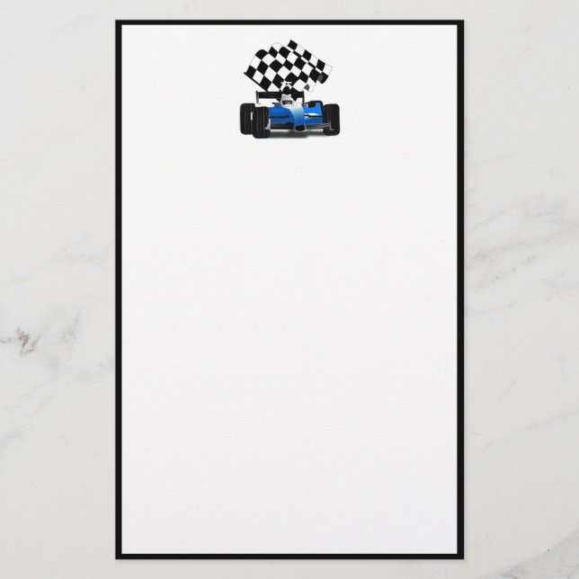 Blue Race Car with Checkered Flag Stationery (Front)