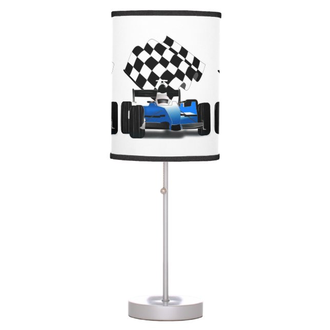 Blue Race Car with Checkered Flag Table Lamp (Front)