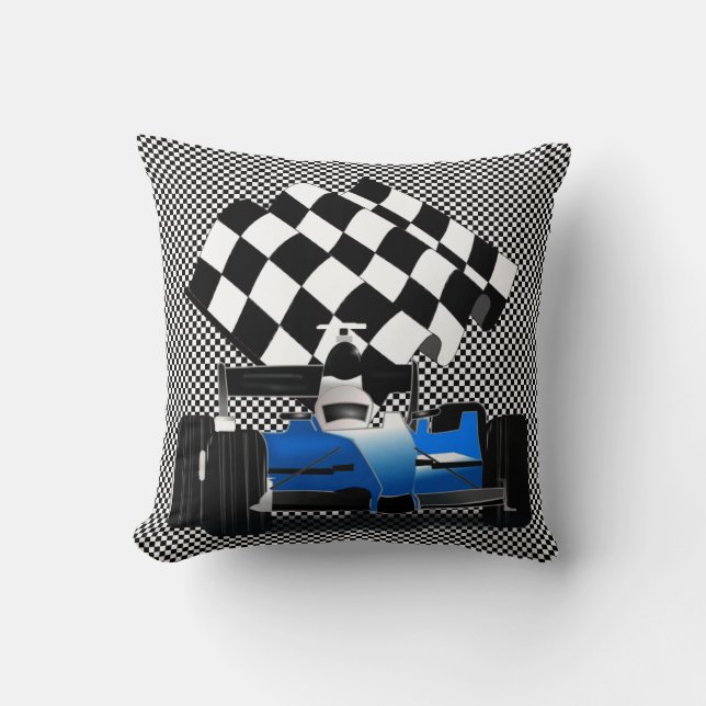 Blue Race Car with Checkered Flag Throw Pillow (Front)