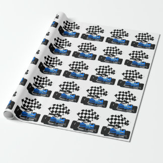 Blue Race Car with Checkered Flag Wrapping Paper