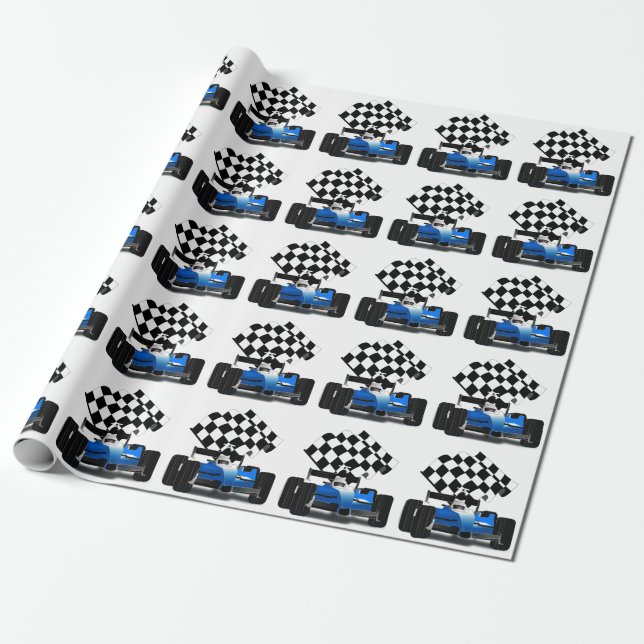 Blue Race Car with Checkered Flag Wrapping Paper (Unrolled)