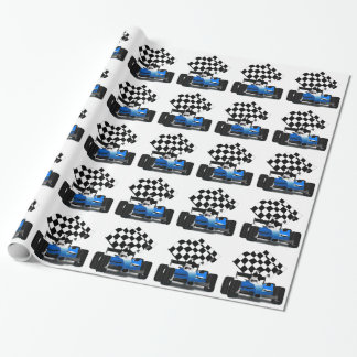 Blue Race Car with Checkered Flag Wrapping Paper