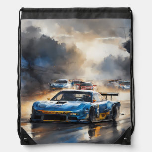 Blue Race car with the Sun Rising Drawstring Bag