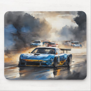 Blue Race car with the Sun Rising Mouse Pad