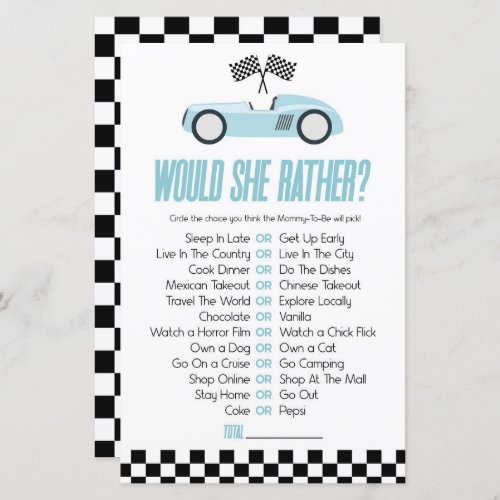 Blue Race Car Would She Rather Baby Shower Game