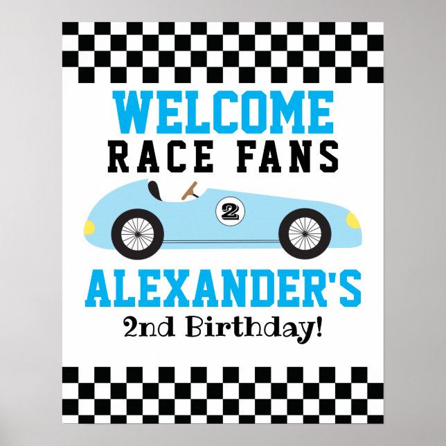 Blue Racecar Boys 2nd Birthday Welcome Sign (Front)