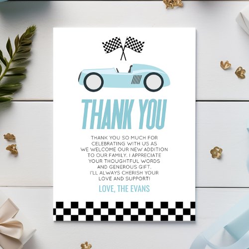 Blue Racecar Race Car Baby Shower Thank You Card