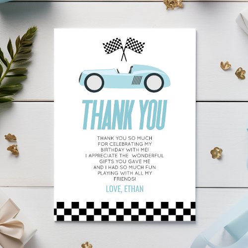 Blue Racecar Race Car Birthday Party Thank You Card