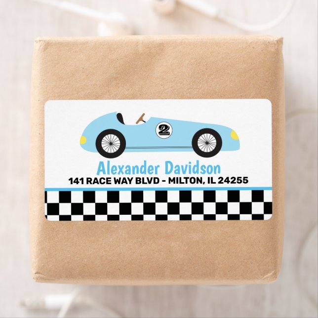 Blue Racecar Racing Vintage Race Car Shipping Label (Insitu)