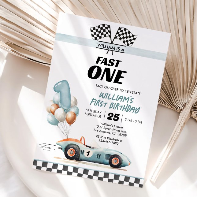 Blue Racing Car 1st Birthday Fast One Invitation (Creator Uploaded)