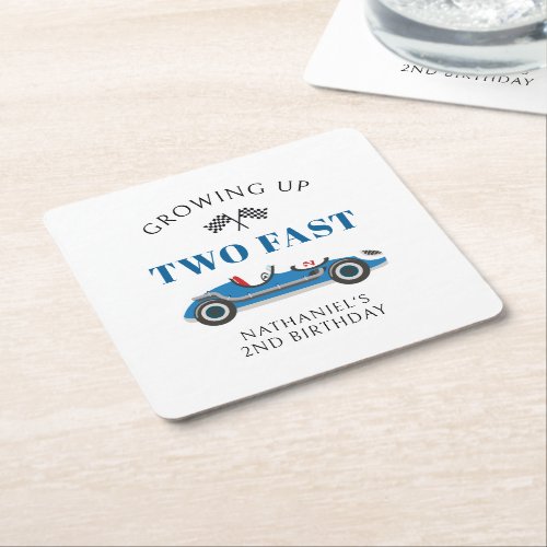 Blue Racing Car 2nd Birthday Party Square Paper Coaster