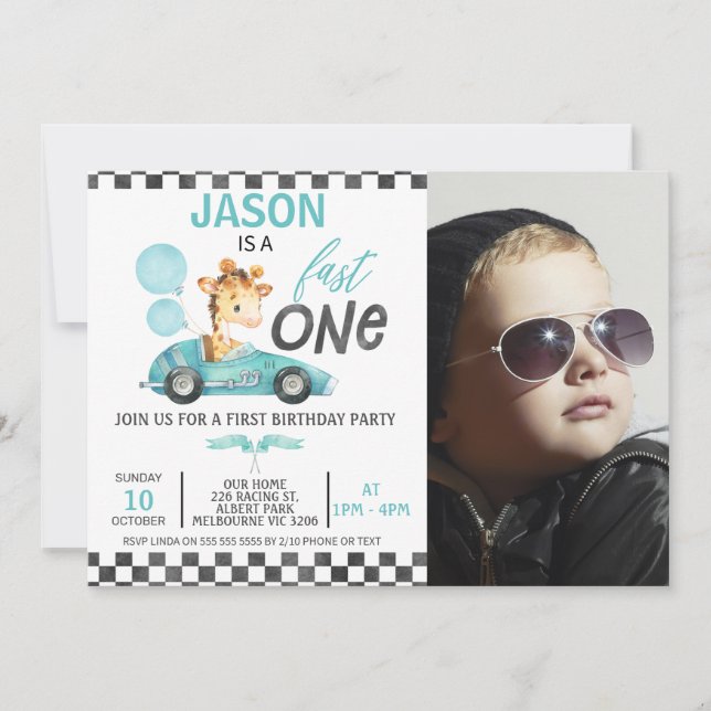 Blue Racing Car Balloon Giraffe Photo 1st Birthday Invitation (Front)