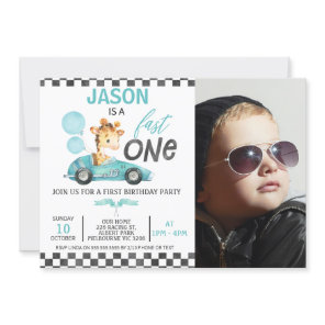 Blue Racing Car Balloon Giraffe Photo 1st Birthday Invitation