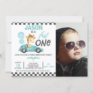 Blue Racing Car Balloon Giraffe Photo 1st Birthday Invitation