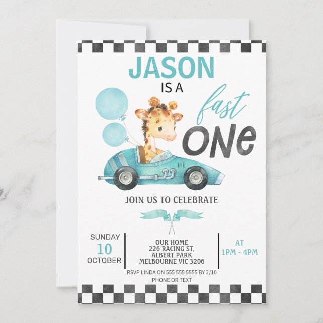 Blue Racing Car Balloons Giraffe 1st Birthday Invitation (Front)