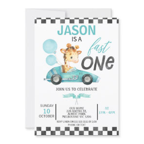 Blue Racing Car Balloons Giraffe 1st Birthday Invitation