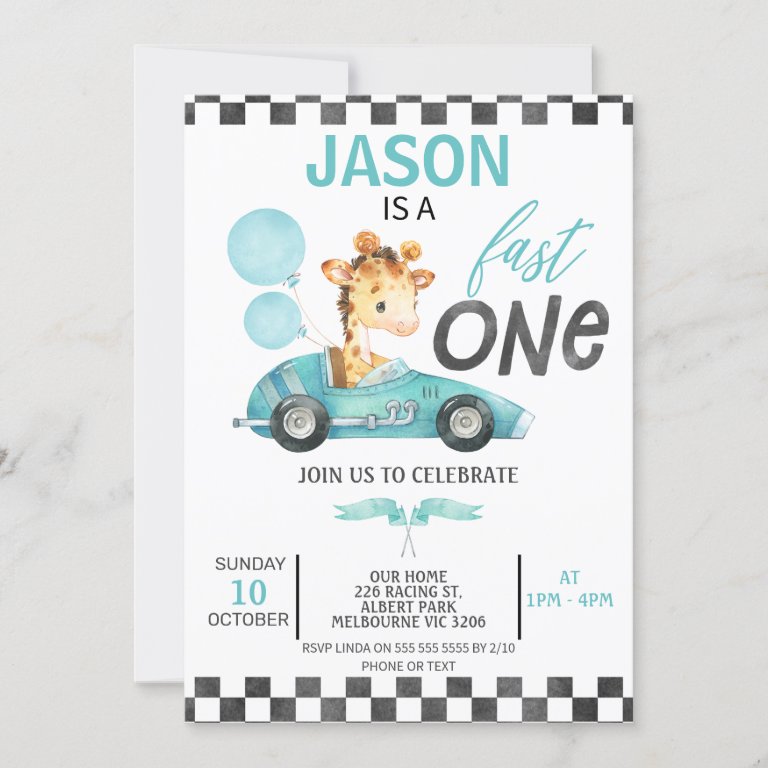 Blue Racing Car Balloons Giraffe 1st Birthday                    Invitation