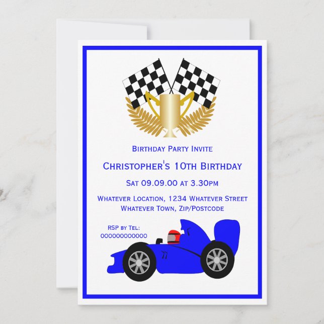 Blue Racing Car Birthday Party Invitation (Front)