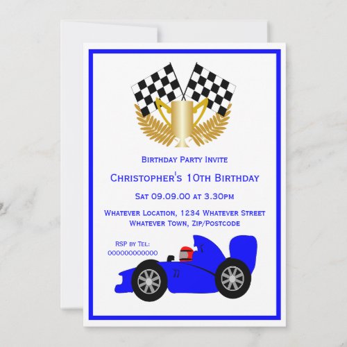 Blue Racing Car Birthday Party Invitation
