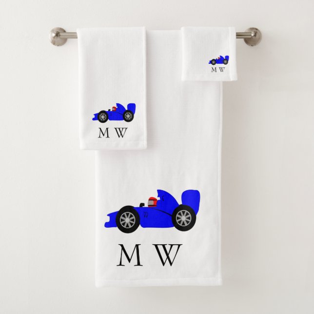 Blue Racing Car Design Monogrammed Bath Towel Set (Insitu)