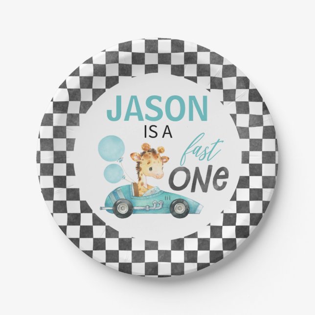 Blue Racing Car Giraffe 1st Birthday Paper Plates (Front)