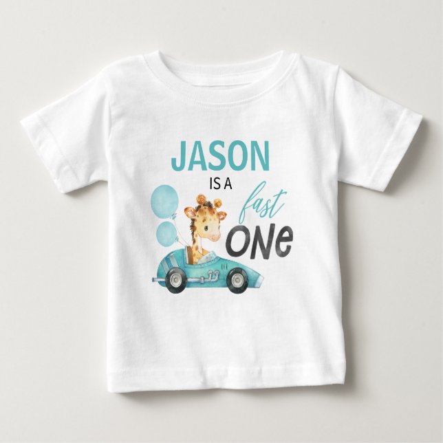 Blue Racing Car Giraffe 1st Birthday T-shirt (Front)