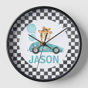 Blue racing car Giraffe Nursery Wall Clock