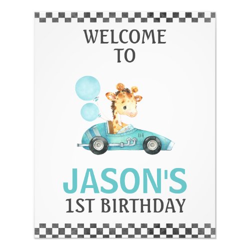Blue Racing Car Giraffe Welcome Birthday Sign