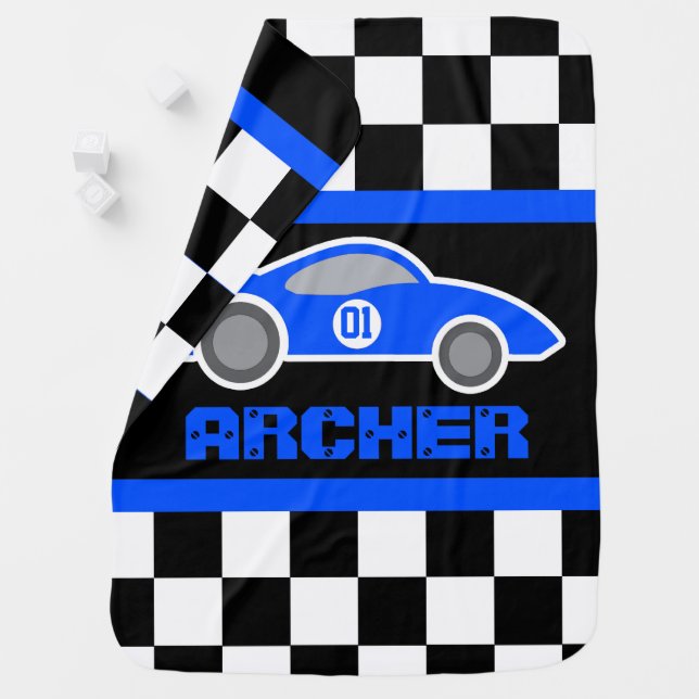 Blue racing car name number checkered flag baby blanket (In Situ)