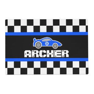 Blue racing car name number checkered flag  placemat